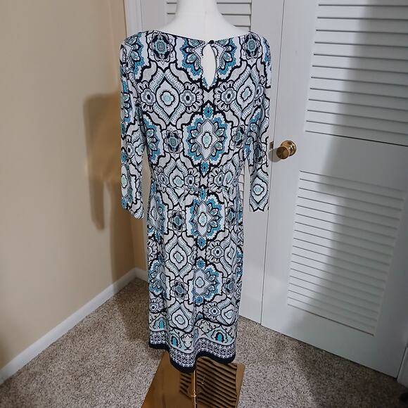 Liz Claiborne Large 5/8th-Sleeve Aqua/Black/White Geometric design Shift Dress - Picture 8 of 14